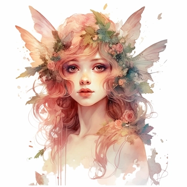 whimsical Fairy, shows full body, highly detailed face, and expression, Use dreamlike lighting with soft sunlight falling on the subject’s face and hair, create an ultra-realistic image that captures the subject’s natural beauty and personality, watercolor clipart on white background