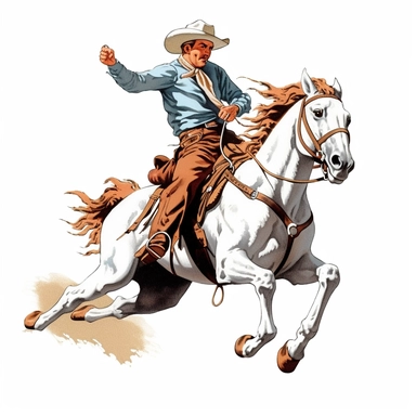 clipart, 1950s handome white cowboy riding a bucking horse, wide angle, inspired by the”Lone Ranger” 1950s comic book, white background