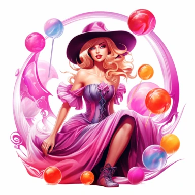 Sharp Illustration of a fantasy sweet candy witch clipart aginst white background in watercolor style, majestic scene, beautiful witch, sweets, vibrant colors, bubble gum, pink dress, colorful candies, illustration style, vibrant colors, unreal engine 5, detailed illustration, high resolution, high quality, solid white background