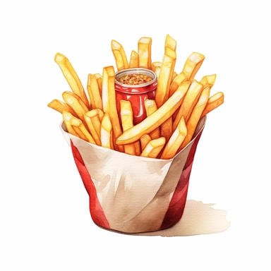 watercolor detailed illustration of French fries in a paper cone, clipart, white background