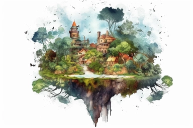Watercolor, Craft a planet with a city built atop the branches of a colossal, ancient tree clipart, hd, on a white background, spaced out