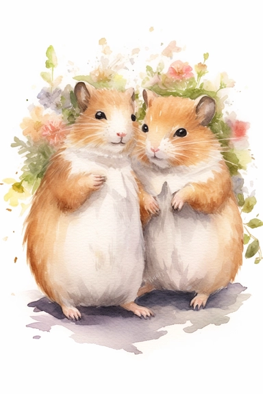 Create a watercolor clipart picture of a hamster bride and groom , white background. The hamster should have a cute and happy expression, with its fur depicted in soft watercolor textures. Surround the hamster with small flowers and greenery, adding a whimsical touch to the scene.
