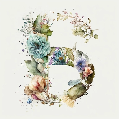 Watercolor botanical flower letter B, clipart, colorful, white background
