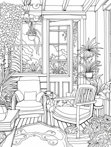 An Adult Coloring Book Featuring Fun and Relaxing Interior Home Designs with Beautifully Furnished Rooms and Welcoming Outdoor Spaces, coloring page line art, black and white clipart for coloring page, simple and clean line art, illustration style,