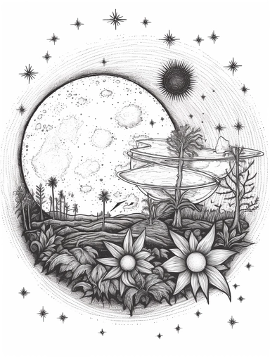 Coloring pages, black and white, linework, clip art, white background. In a circle, a Seedling growing, stars, planet.