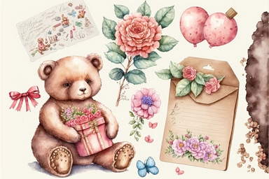 valentine flowers, chocolates, teddy bears, cards letters expressing love and affection accessories clipart, Aquarelle hand painting, aesthetic, watercolor, sparklecore, fantastic realism, fairytale