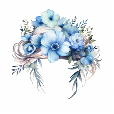 Create an enchanting watercolor clipart of a delicate flower crown, incorporating shades of blue and white, evoking the natural beauty and romance of your beach wedding attire ,Weeding on the beach, Watercolor, Detailed, sweet, majestic, high resolition, transparent background, no captions