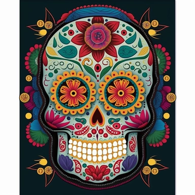 a tropical mexican skull huichol mandala, colorful, funny, white background, clipart, vector