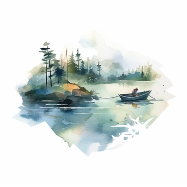 one illustration of fishing Watercolor clipart on a white background, in the style of hazy landscapes, nature-inspired motifs, free brushwork, fantasy settings, decaying landscapes, no watermark, text, 300 DPI , typography, shapes do not stick together, no text in the picture, on a white background