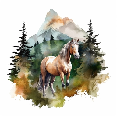 watercolor style, horse with the mountain forest in the back clipart, isolated on white background, hd