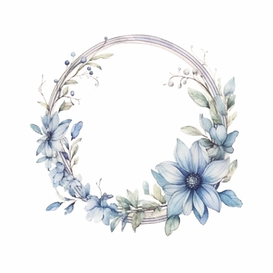 watercolor clipart of a empty suttle dainty floral oval frame surrounded by dusty blue color flowers. Capture the essence of blooming beauty and intricate details in your artwork, white background