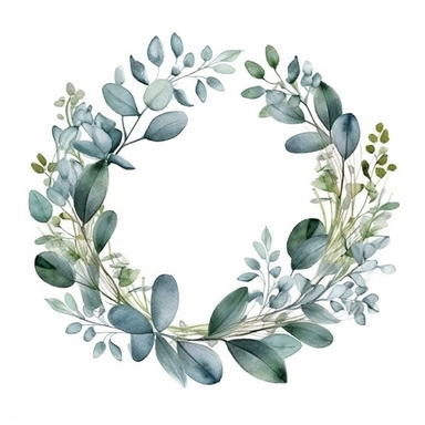 eucalyptus watercolor clipart in circle frame, detailed images, hand draw, simple line outline, on a white background
