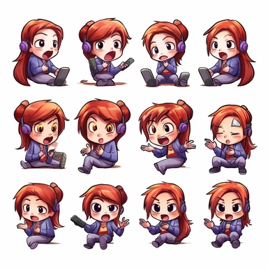 a watercolor Kawaii looking gamer chibi female character doing different emotional emoji expressions. On white background as clipart. 6 panels with very different poses.