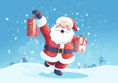 Illustration Santa Claus carries a bag of gifts .Christmas greeting card with cartoon character Santa Claus with hands up. Festive winter clip art isolated natural snowy bokeh background.