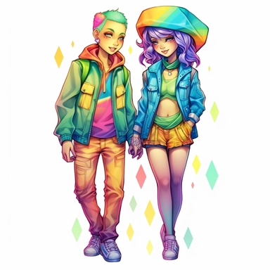 full body clipart of modern queer couple wearing rainbow colored clothes in Jasmine Becket-Griffith style, logo style, soft colors, clean edges, refined edges, stunning, captivating, contour, isolated white background