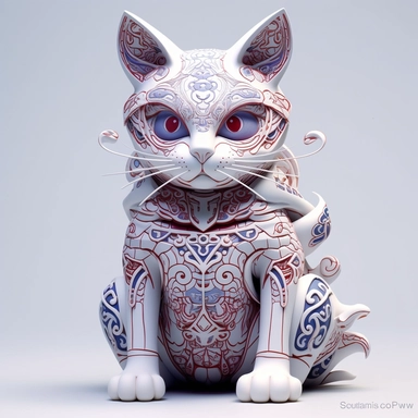 Maneki-neko, Domestic Shorthair, joyful, paper sculpture In the style of Brian Froud & Alan Lee, clipart, complex design, dreamy color, white contour, white background only
