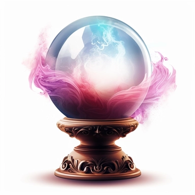 Create an enchanting clipart of a mystical crystal ball against a pristine white background. The crystal ball should have a soft, ethereal glow, held within an intricately carved pedestal. Depict swirling mists and vivid visions within the crystal ball's translucent depths.