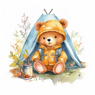 cute happy baby teddy bear wearing clothes camping activities clipart watercolor style in nature bright colors white background