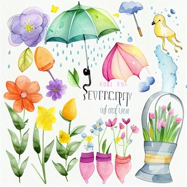 Please create a series of watercolor clipart illustrations featuring different items related to spring. Each illustration should be drawn in a charming and playful style that captures the beauty and vibrancy of the season. Items to include can be flowers, butterflies, birds, bees, rain boots, and umbrellas. Please use a coherent color palette that is bright and cheerful, but also soothing and calming. Colors that are associated with spring, such as greens, blues, pinks, and yellows, should be us