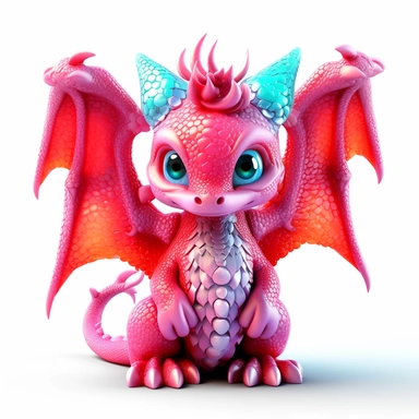 cute baby dragon with wings, clipart, fantasy, toy, neon psychedelic red, glitter, 3D, white background