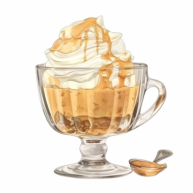 Watercolour of a toffee Ice Cream in a glass bowl , Clipart,Cartoon,hyper realistic, intricate detail isolated on a white background, high quality, sublimation, detailed, cartoon style