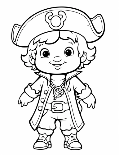 clipart cartoon friendly baby pirate in the style of Pierre-Auguste Renior black and white child's coloring book, black and white smooth thick lines, solid white background, no background