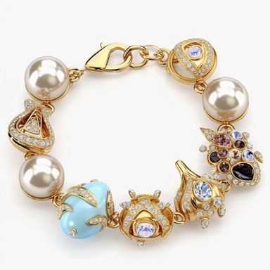generate a clipart depicting perfect gemstone bracelet with intricate details and a lustrous surface. slender and lightweight small gemstone swarovski charms top view for product sales sophisticated locking ornament S-hook clasp truly timeless elegance premium luxury AAA+ opal adularescence incorporating precious gemstone gold druzy treasure delightful expensive big very clearly baroque pearl luster organic forms gold plated fresh water pearls ornate seamless pattern photo realistic honestly rea