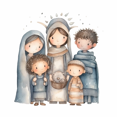 A watercolor painting of a cute nativity, Mary, Joseph, newborn Baby Jesus, 3 wise men and an Angel, nativity scene Christmas, cute detailed digital art, inspired by nicoletta ceccoli, by Kubisi art, whimsical and cute, by nicoletta ceccoli, cute detailed artwork, glimmering, adorable and whimsical, whimsical art, Clipart style, png style, svg style, blank white background, a solid white background