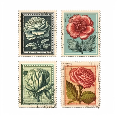 a set of four vintage floral stamps, collection, with margins, clipart, isolated on solid white background