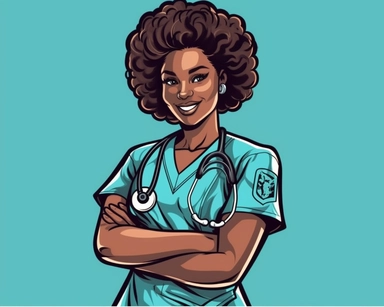 a nurse clip art clipart graphic, in the style of afrofuturism-inspired, dark black and light aquamarine, #screenshotsaturday, shuzo oshimi, bob ross, dry wit humor, stencils