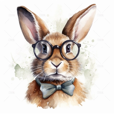 a cute rabbit clipart,unique outfit , different breed , full body , unique pose,wears glasses,have wardobes , white background , watercolors image , no other elements, clean shapes ,center and middle, cute