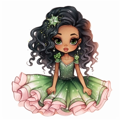 A cute detailed black girl in chibi style, Jasmine Becket - Griffith style, watercolour illustration clipart with real glitter detail, wearing a beautiful pink full length ballgown style dress, the girl has long black hair, the girl has green eyes, full body image, with feet isolated on a white background,