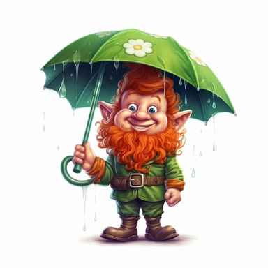 Cute Adorable magical little Leprechaun with a red beard holds laterally a huge umbrella in his hand wears a raincape and stand in the rain on a country road, correct umbrella, clipart, photorealistic illustration, high detail, 8k polished, 8k, vibrant colors, white background, sticker