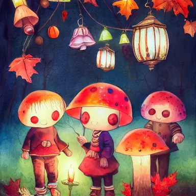 children in autumn clothes on a lantern parade, toadstools, waldorf, martinmas, chalk, watercolor, clipart, white background, cartoon