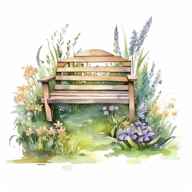 clipart, isolated on white background, Watercolor Spring beautiful ornated wooden bench, flowers and grass and plants, ornated, pastel colors