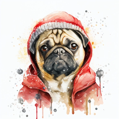 watercolor cute style, cute surprised pug in christmas winter coat, christmas head, smiles, cute, pug in red ears, it's snowing, white background, clipart