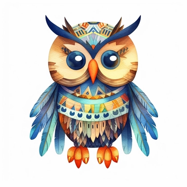 A super-cute tribal owl, watercolor illustration, Perfect for nursery art and children's book illustration style, simple, clipart, single object, white background for removing background