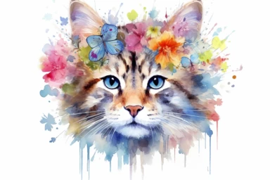 Watercolor, lovely Cat, clipart, hd, on a white background, spaced out