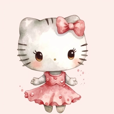hello kitty, hand drawn, watercolor, clipart, cute cartoon illustration, simple