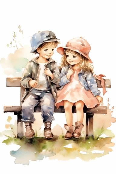 adorable little vintage boy and girl walking sitting on a bench, watercolor clipart, high quality clipart, no background , high details