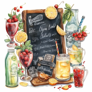 watercolor, hyper realistic, white background, white margins, 16k, ultra detailed clipart, cut out image, hand-drawn, whimsical a blackboard menu with different dishes and drinks written in chalk