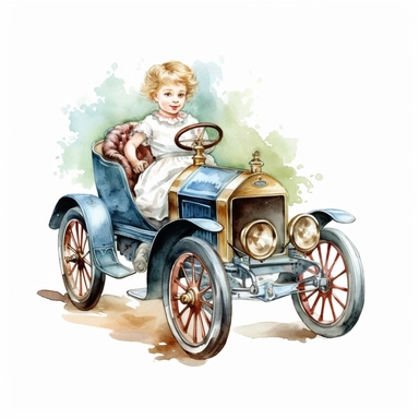 Watercolor Victorian baby girl in driving a ford t car from the era clipart , on a white background, Illustration clipart, 4K, extremely detailed