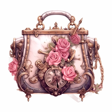 Steampunk style pink detailed bag with watercolor effect,pink roses,high resolution,unrealistic fantastic,white background,suitable for digital cliparts,fantastic scene,high quality