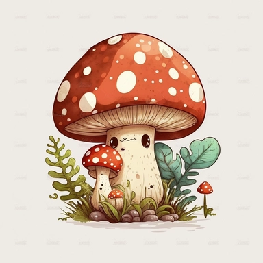 woodland mushroom, archive illustration, cute, white background, clipart