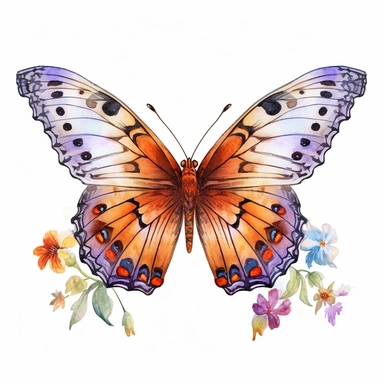 a fantasy butterfly clipart: left wing is leopard print, right wing is watercolor flowers, realistic butterfly body, white background, clip art
