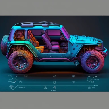 schematic drawings of futuristic concept jeep car, detailed, colorful, vector, sharp focus, super detailed, illustration, 16:9, v4, q2, 16k, High quality, clipart style
