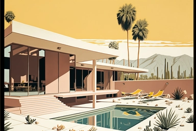 letraset clipart of a midcentury brutalist house and swimming pool in palm springs, 1960's, happy, friendly, washingtonia palms, low camera angle, pool, bob peak, slim arrons