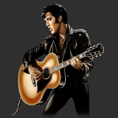portrait view, full view, head to toe, beautiful image of Elvis Presley dressed in black leather jacket, black leather pants, with guitar and microphone, romantic, ethereal, fantasy, sharp focus, high detail, 8k, illustration clipart style, transparent background, (--iw 8)