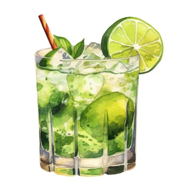 a Caipirinha cocktail, strong colors, border, 8K, dark watercolor, ultra details, isolated white background, clipart, hand drawn, hand drawn art, in the style of ultra-detailed oil painting pontilism hand drawn collections, pontillism brush, scumbling, HD oil painting collections,