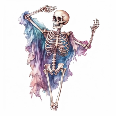 mystical cartoon scary watecolor halloween skeleton clipart, hd 4k, detailed, focused, isolated on white background